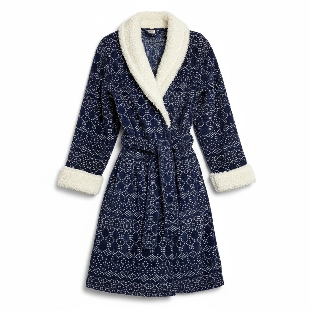 ULTA Cozy Plush Fair Isle Pattern Robe‎ Shawl Collar Belted Blue S/M